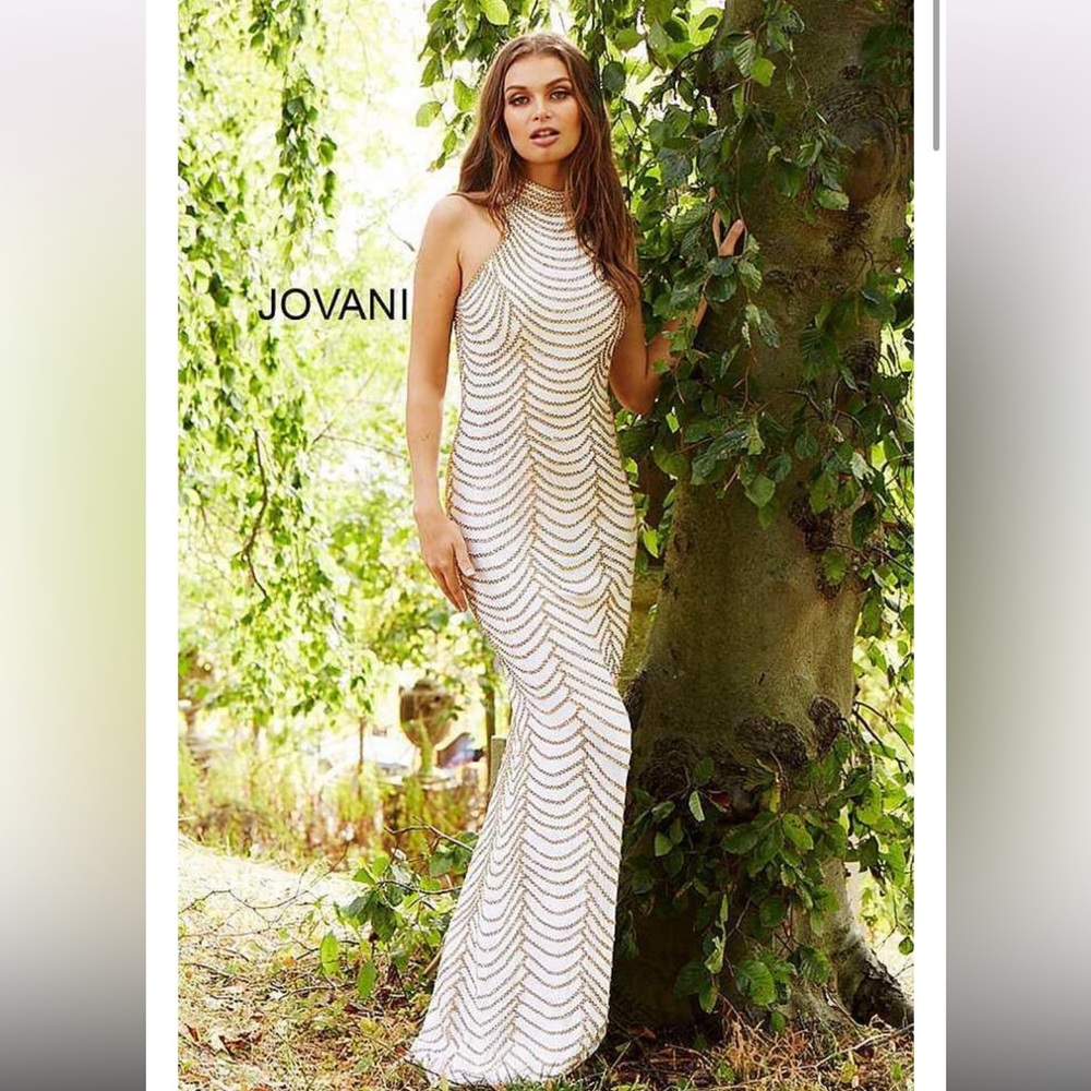 Jovani Ivory Beaded Halo-Pattern Maxi Dress